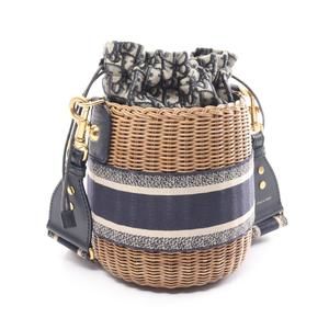 Dior Navy Leather Rattan Oblique Bag Beige Shoulder Wicker